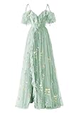 robe de soirée fleurie courte Design : broderie florale, tulle, épaules dénudées, ligne A, col en V, sans manches, fente latérale, longueur au sol, corset