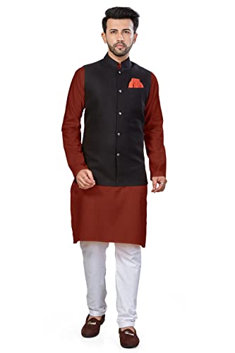 Image of BE ACTIVE Linen Blend Solid Pattern Trendy Comfortable Stylish Full Sleeve Kurta Pajama Set with Jacket Nehru Style Koti for Men's Ethnic Wear