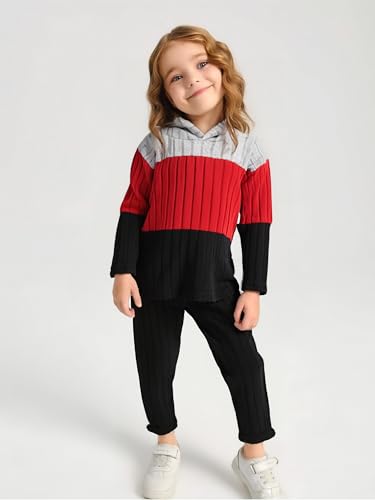 Image of Toddler Kid Girls Clothes Ribbed Color Block Long Sleeve Hoodie Sweatsuit Set Fall Outfits