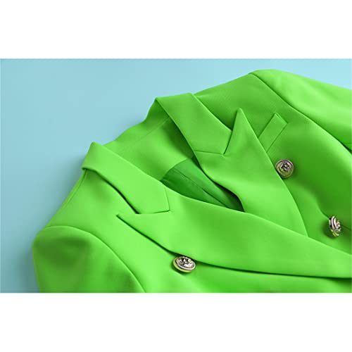 Elegant Women Gold Buttons Double Breasted Bodycon Fluorescent Green Female Blazer4