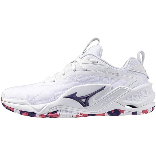 Mizuno Tênis feminino Wave Stealth Neo para uso interno, Branco, roxo escuro, rosa escuro, 36