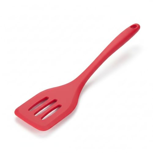 Image of DecorTwist Silicone Turner Spatula | Heat Resistant Kitchen Utensils for Cooking, Baking | BPA-Free, Food Grade Wooden Handle Nonstick Flipper for Fish, Eggs, Omelets (8X 0.2X 32cm,91g) Red
