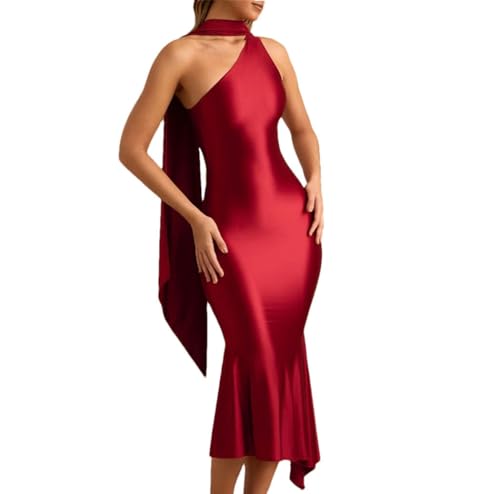 Women One Shoulder Mermaid Maxi Dress with Ruffles Hollow Out Slim Fit Party Holiday Outfit