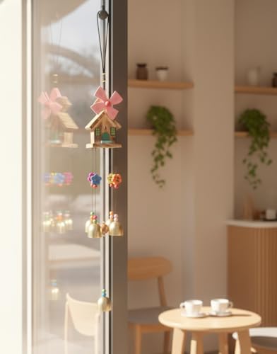 Image of Decorative Wind Chime for Home | Wooden House with Bells Colourful Beads | Positive Energy Balcony Living Room Hall Garden Home Decor (Wind Chimes)
