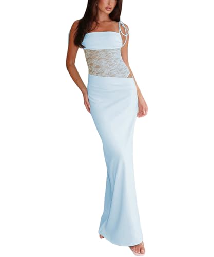 GRMLRPT Women Sexy Lace Patchwork Maxi Dress Spaghetti Straps Y2K