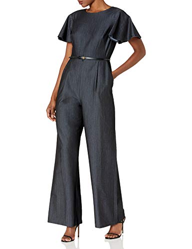 Calvin Klein Women's Short Flutter Sleeved Belted Jumpsuit, Denim Blue, 6