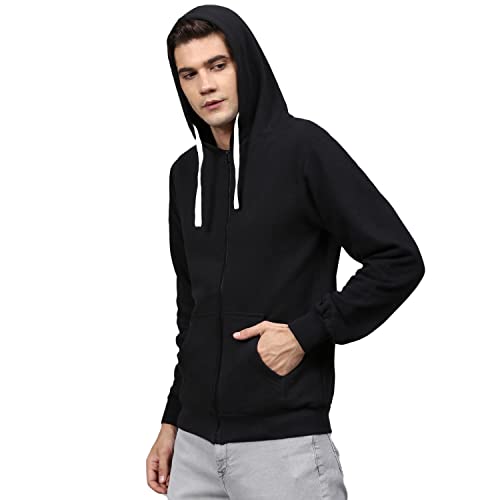 Image of CAHOOT Men's Dark Blue Zip-Front Hoodie with Contrast Drawstring for Casual Wear | Long Sleeve | Hooded Neck | Zipper Closure | Cotton Sweatshirt Crafted with Comfort Fit for Everyday Wear
