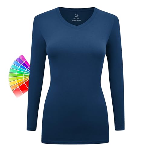 Women's Under Scrubs Long Sleeve T-Shirt Comfort V-Neck Medical Underscrub Tee -Super Soft and Stretchy (True Navy Blue, 3X-Large)