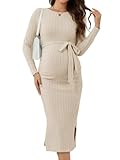 guruixu Crewneck Maternity Sweater Dress Rib Knit Long Sleeve Slit Pregnancy Dress Clothes with Belt, Autumn Apricot, M