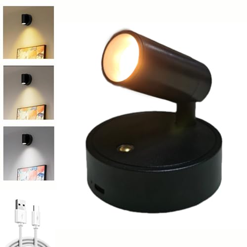 Neioaas Spotlights Indoor -Rechargeable Plant Spotlight, 360° Rotate Wireless LED Uplighting,3 Dimmable Adjustable Wall Mount Ceiling Spotlight for Artwork Painting Tree Plant Wall Light(Black)