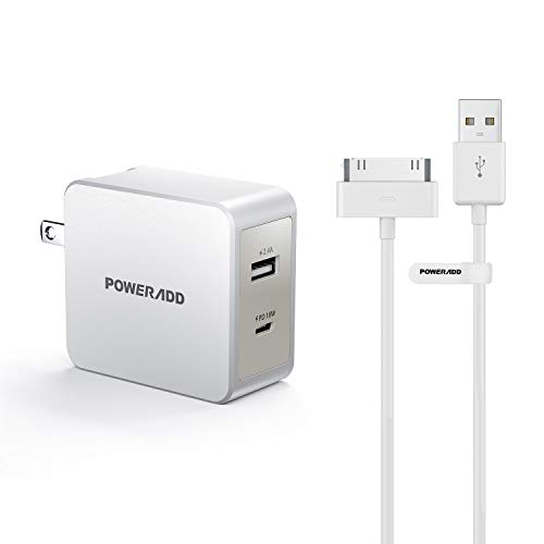 USB C Wall Charger POWERADD 30W Dual Port Type C Charger with 18W Power Delivery and Foldable Plug Apple Certified iPhone 4 4s 3G 3GS iPad 1 2 3 iPod Touch Nano 30 Pin Charger USB Sync Cable Charging