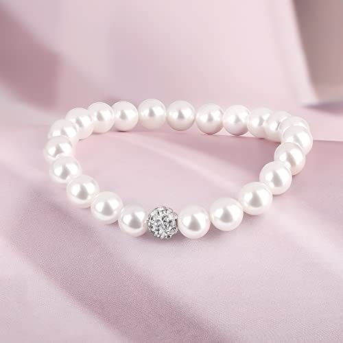 Women Round White Pearls Bracelet: Elegant Strand Jewelry with Rhinestone Clay Beads Ball for Woman Girls Lady - Trendy Simple Dainty Wedding Fashion Prom Accessory for Mother3