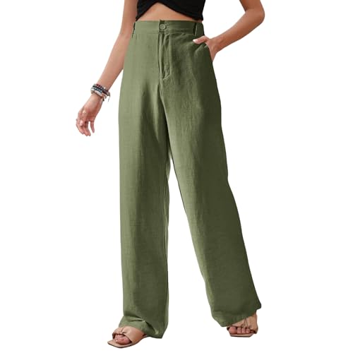 Womens Casual Wide Leg Pants Linen Straight Leg High Waisted Button Down Long Trousers Loose Palazzo Trousers Pockets