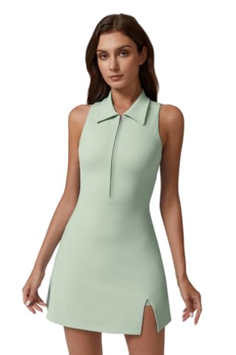 Image of QINSEN Womens Zip Front Tennis Dress Polo Collar Racer Back Workout Golf Dresses Build in Shorts with Pockets