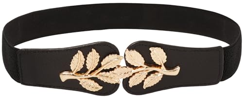 Gold Leaf Belt - Women's Skinny Elastic Waistband with Double Knot Buckle - Stretch Belt for Jeans
