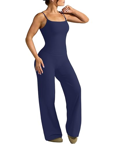OMKAGI Workout Sets for Women Padded Tank Tops Matching Straight Leg Yoga Outfits(S,691-Navy Blue)