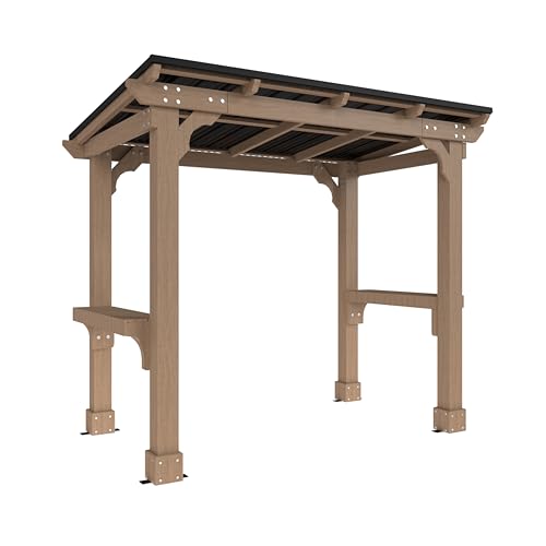 Image of BlueWish 8' x5' Outdoor Grill Gazebo, Wood Grill Gazebo with Metal Sloping Roof, Heavy Duty Cedar Wood Frame, Wind-Resistant Patio Gazebo with Shelves for Barbecue, Backyard, Garden, Light Mocha Brown