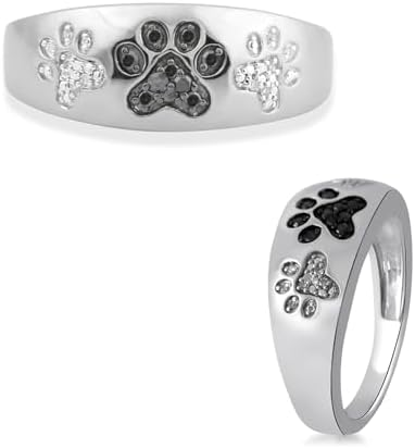 Jewelili Sterling Silver Treated Black and Natural White Round Diamond Accent Paw Ring