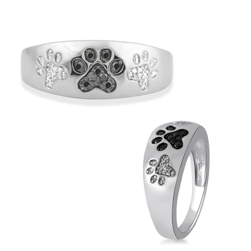 Jewelili Sterling Silver Treated Black and Natural White Round Diamond Accent Paw Ring