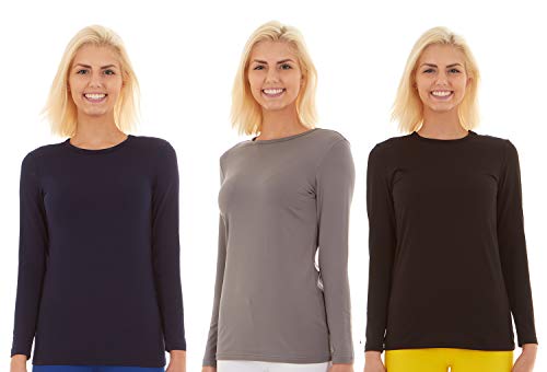 Bodtek Womens Thermal Underwear Shirt Premium Fleece Lined Long Sleeve Baselayer Top (3Pack (Black, Grey, Navy), Large)