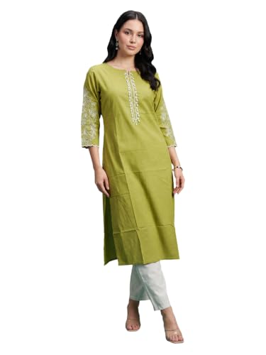 Image of INDO ERA Women's Cotton Straight Fit Floral Embroidered Kurta (KT0GN9776)