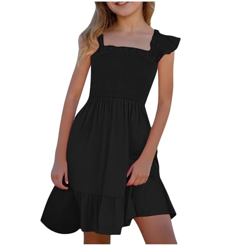 Girls Summer Dresses Cute Sleeveless Pleated Square Neck Ruffled Mini Dress Solid Color A Line Beach Sundresses 2025