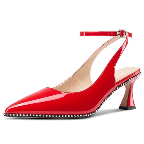 Image of NobleOnly Womens Slingback Heels Beaded Pumps Ankle Strap Pointed Toe Kitten Heels Dress Shoes 2.6 Inches