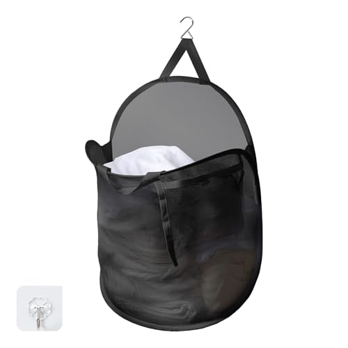 TECHMILLY ランドリーバスケット 壁掛け 洗濯かご 大容量 自立 ランドリーバッグ メッシュ 省スペース 収納 洗濯物 袋 かご 持ち運び可能 軽量 旅行 ゴミ箱 幅さ40CM長さ20CM高さ53CM (ブラック、1PCS)