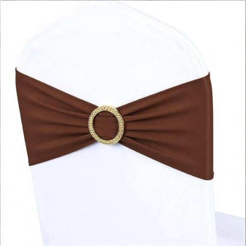 Image of Brown Chair Sashes 50 Pack with Gold Buckle Slider, Spandex Chairs Bands Bows for Wedding Party Birthday Banquet Decor