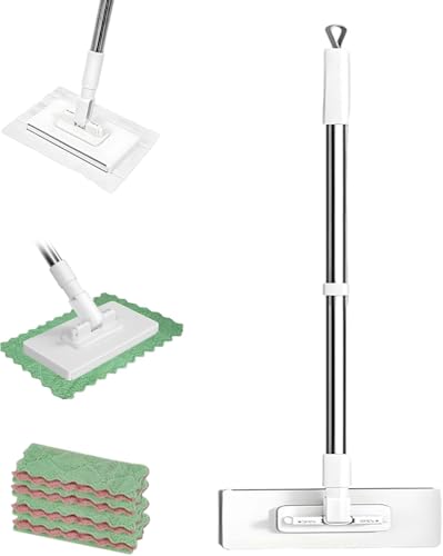 Fregona Antipolvo Desechable,Fregona Antipolvo Desechable con 4 PañOs Reutilizables,Flat Mop with Disposable Pads,100cm Long Handle, Locking Head For Multi-Surface Floor Cleaning,1 Pcs