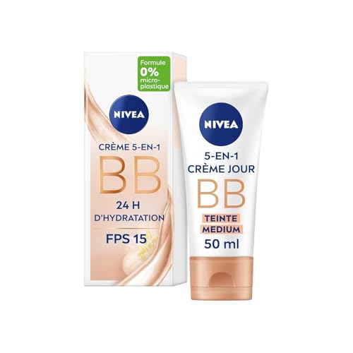 NIVEA - BB Crème 5 En 1 Teinte Médium - Crème Visage FPS 15 - Hydratation 24H - Réduit Imperfections & Signes De Fatigue - Huile De Jojoba Bio & Pigments Minéraux - Vegan - Tous Types De Peaux - 50 ml
