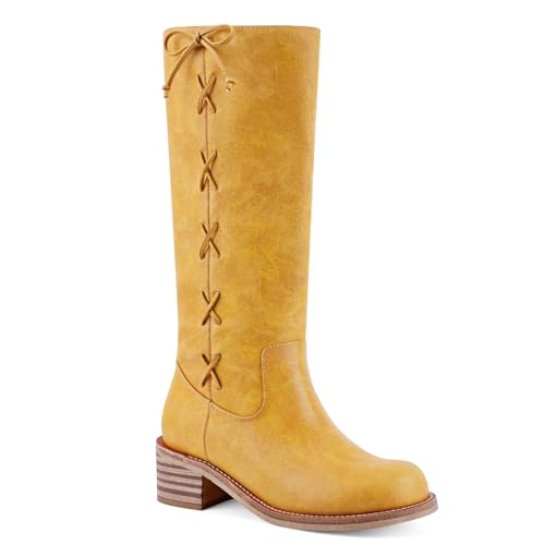 Image of UBWDU Women's Knee High Boots Chunky Block Heel Long Boots Square Toe Low Heel Boots for Women