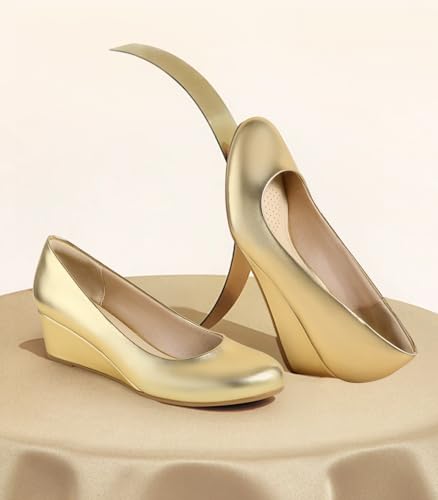Image of Ankis Black Nude Silver Gold Wedges for Women, Low Heel Women's Wedge Comfortable Closed Toe Women Pumps Dress Shoes -2Inch