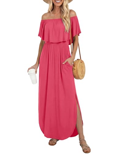 Image of LILBETTER Womens Off The Shoulder Ruffle Party Dresses Side Split Beach Maxi Dress