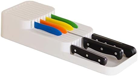 DecoBella Kitchen Drawer Knife Organizer, BPA-Free Plastic Countertop Knife Block, Universal Knife Holder for Drawers, Plastic Drawer Organizer Tray for Knives (White)