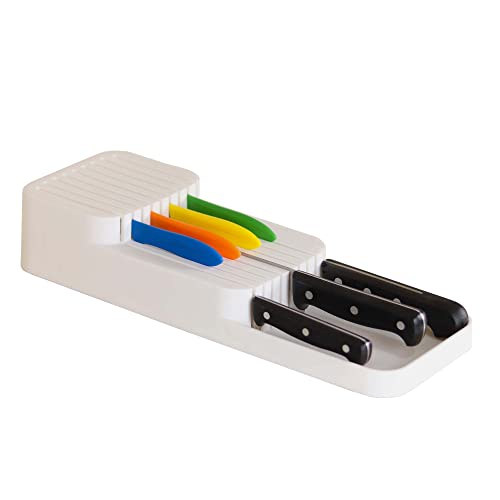 Decobella Kitchen Drawer Knife Organizer, Bpa-Free Plastic Countertop Knife Block, Universal Knife Holder For Drawers, Plastic Drawer Organizer Tray For Knives (White) #TOP8
