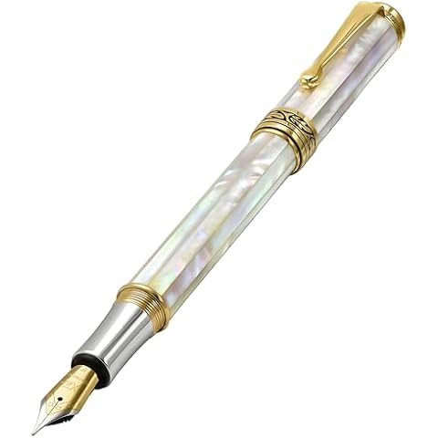 Xezo Maestro Handcrafted from Oceanic Origin Iridescent White Mother of Pearl Serialized Fine Fountain Pen. 18K Gold, Platinum Plated. No Two Alike Cover