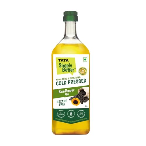 Image of Tata Simply Better Pure & Unrefined Cold Pressed Sunflower Oil, Hexane Free, Kolhu /Chekku, Cholesterol Free, Provides 6 Omega 6 PUFA, Contains Natural Antioxidants, For All types of Cuisines, 1L