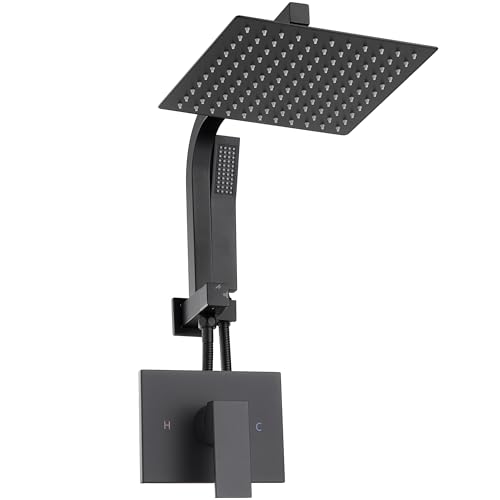 Image of Black Shower Head and Handle Set, Shower Faucet Set with 10 Inch Rain Shower Heads with Handheld Spray Combo, Rainfall Bathroom Shower System Rain Shower Head and Handle Set
