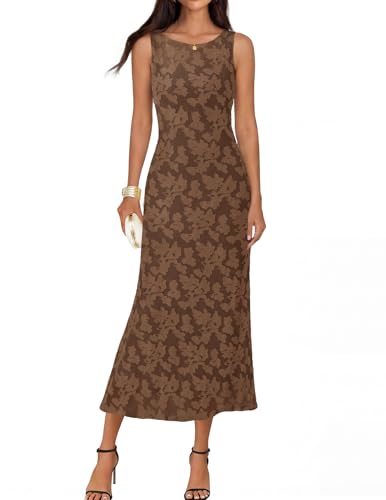 MEROKEETY Womens Summer Floral Maxi Dress 2026 Sleeveless Formal Bodycon Bridal Shower Elegant Wedding Guest Long Dresses, Brown, Large