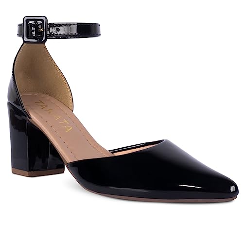 Sapato Scarpin Bico Fino Com Pulseira Fivela Salto Grosso (Preto Verniz, br_footwear_size_system, ad