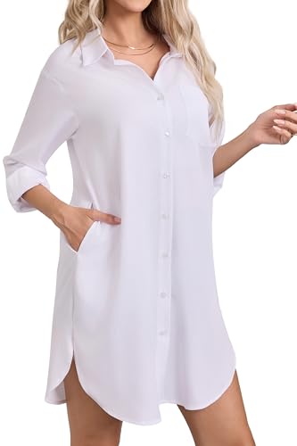 Enmain Robe chemisier pour femme à manches longues en coton avec boutons, tuniques décontractées avec poches, blanc, XXL