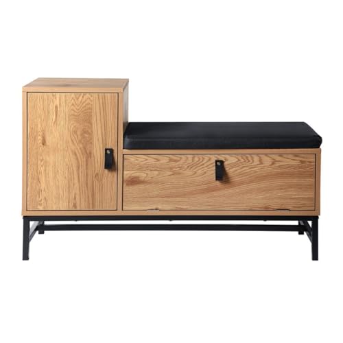 Calicosy - Banc Chaussures - Décor Chêne - Panneaux Particules - Piétement Métal - Poignées Effet Cuir - Tissu Polyester - 2 Rangements Fermés - Entrée,...