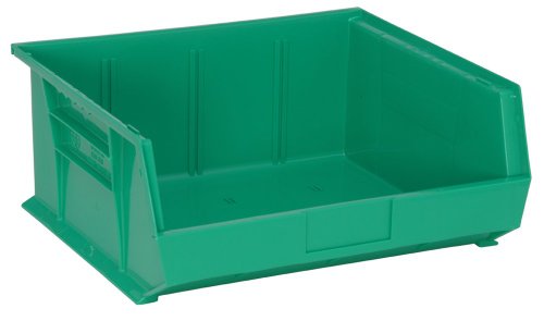Quantum Storage QUS250 Heavy-Duty Stackable Plastic Storage Bins for Workshop, Warehouse & Garage, Ultra Stack & Hang, 14-3/4" x 16-1/2" x 7", Green, 6-Pack