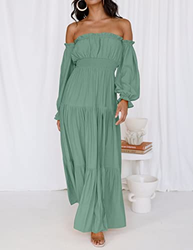 Zesica Women's 2023 Boho Sexy Off Shoulder Long Sleeve Smocked High Waist Side Split Flowy A Line Tiered Long Maxi Dress,Green,Medium #TOP7