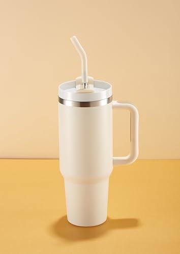 Image of KooK Tumbler with Straw and Handle, 40 Oz, Stainless Steel, Vacuum Insulated Travel Coffee Mug, Reusable Double Walled Water Bottle, Keeps Hot or Cold (Antique White)
