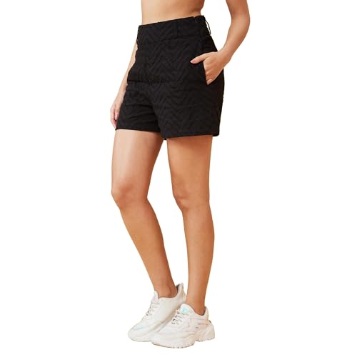 Image of Globus Women Black Self Design High-Rise Regular Shorts with Zip Closure-3638803001