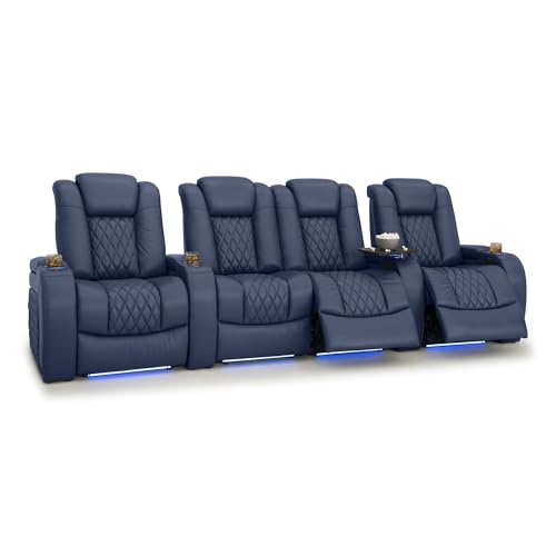 Image of Seatcraft Diamante Navy Blue Italian Leather Home Theater Seating, Zero Gravity Power Recliner, Gaming and Home Office Chair, Powered Headrest Furniture for Cinema Room, Row of 4 Middle Loveseats