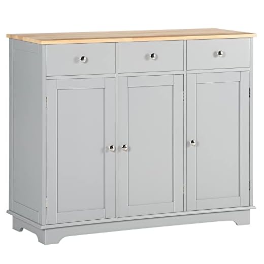 HOMCOM Modern Sideboard with Rubberwood Top, Buffet Cabinet with Storage Cabinets, Drawers and Adjustable Shelves for Dining Room, Kitchen, Grey
