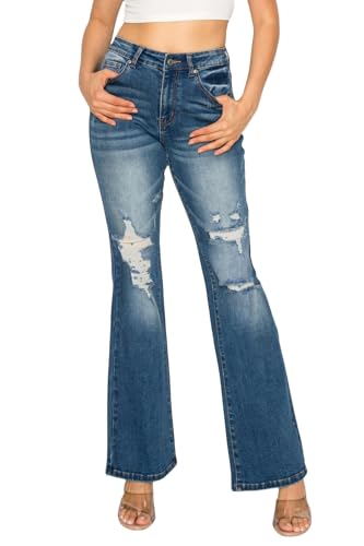 Women's High Waisted Flare Jeans - Stretchy Distressed Denim Pants with Ripped & Cut Out Details, Bell Bottom Leg